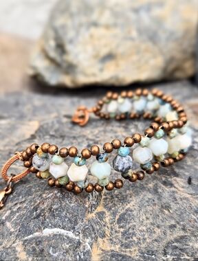 TERRA AMATA: Genuine Amazonite & Blue Opal In Handwoven Artisan Copper Bracelet